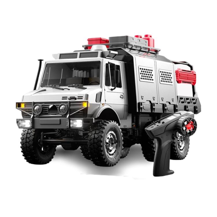 Gray six-wheel remote control off-road truck with front grille and rugged wheels.