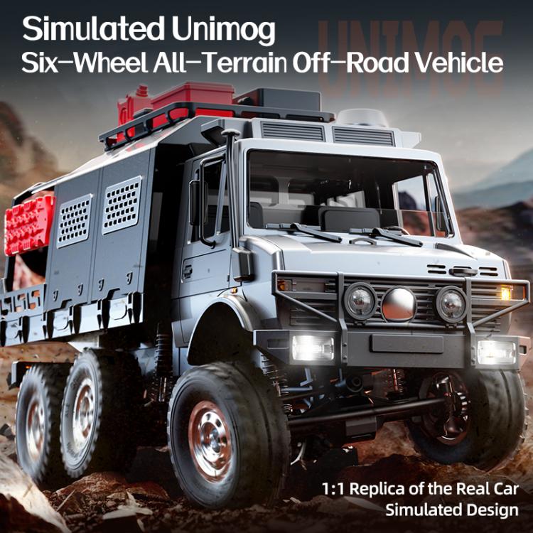 Gray six-wheel all-terrain RC truck with roof lights and red grille accents.