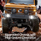 Orange RC off-road truck front with lights and high-ground-clearance chassis.