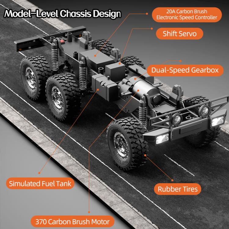 RC truck chassis parts layout with rubber tires, motor, and dual-speed gearbox.