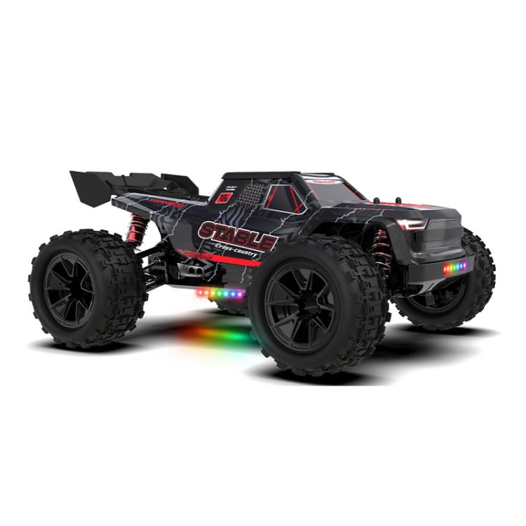 Black off-road RC monster truck with large tires and glowing RGB lights