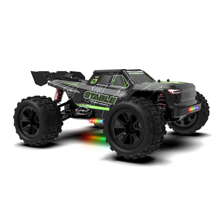 Black off-road RC monster truck with green accents and glowing RGB front lights