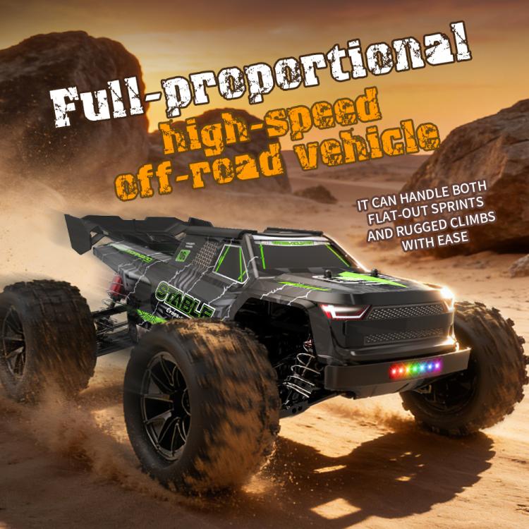 Black off-road RC monster truck with green stripes, front LEDs, and suspension details