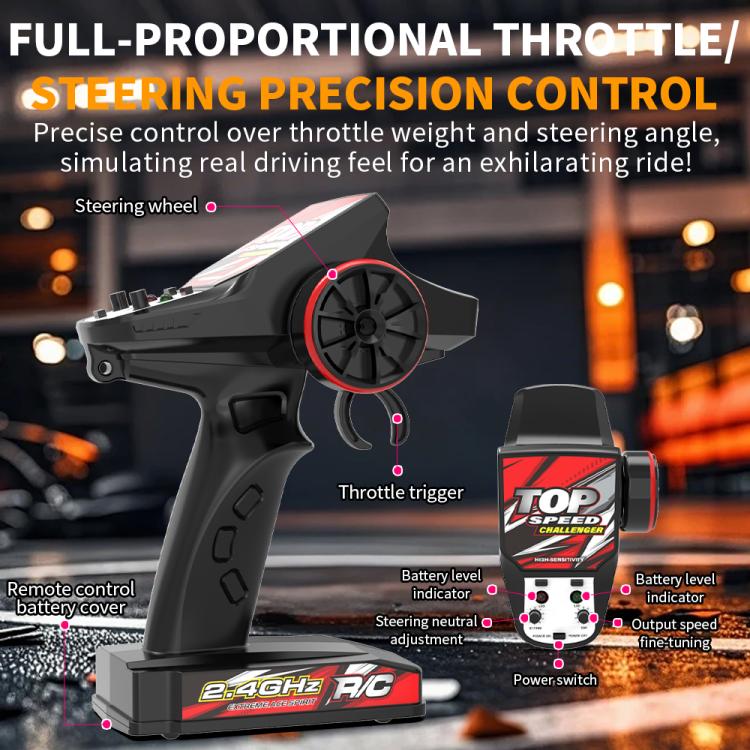 Black RC remote controller with steering wheel and throttle trigger grips