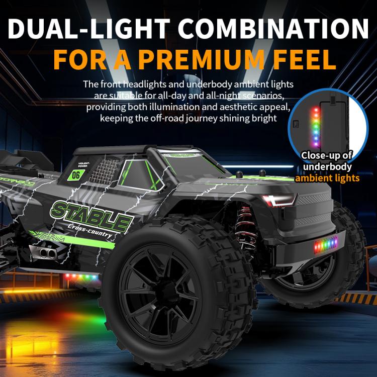 Black off-road RC monster truck with green STABLE stripe and underbody LED glow