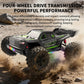 Black off-road RC monster truck with rear LEDs, four-wheel drive suspension, and chunky tires