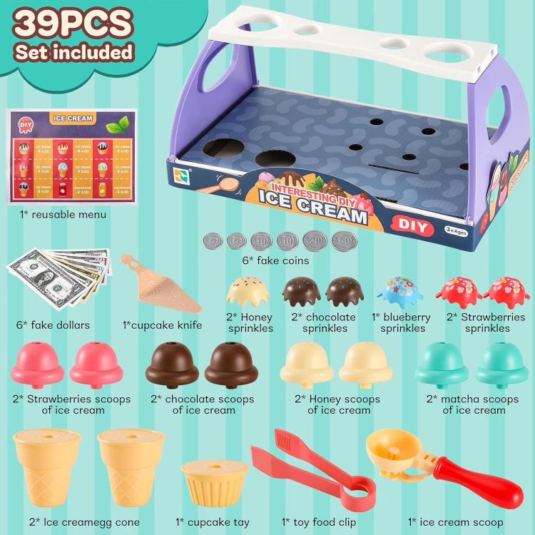 Ice cream DIY play set with tray, cones, scoops, sprinkles, and 39 included pieces