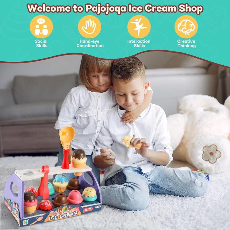 Ice cream shop pretend-play set with cone pieces and children playing together on a sofa