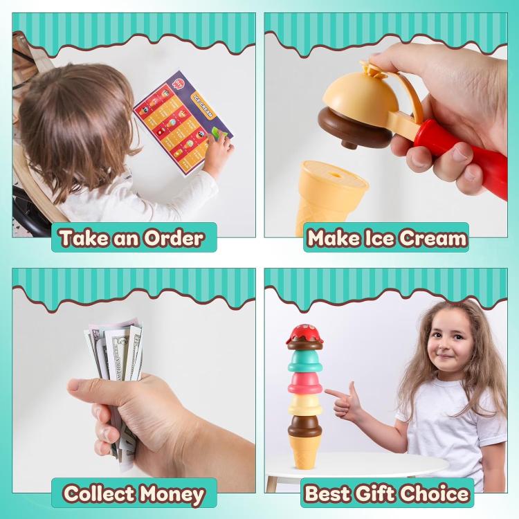 Ice cream shop play kit showing order card, making ice cream, collecting money, and gift use