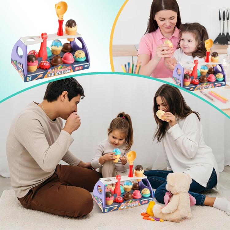 Family play scene with ice cream shop set, cones, scoops, and pretend topping pieces