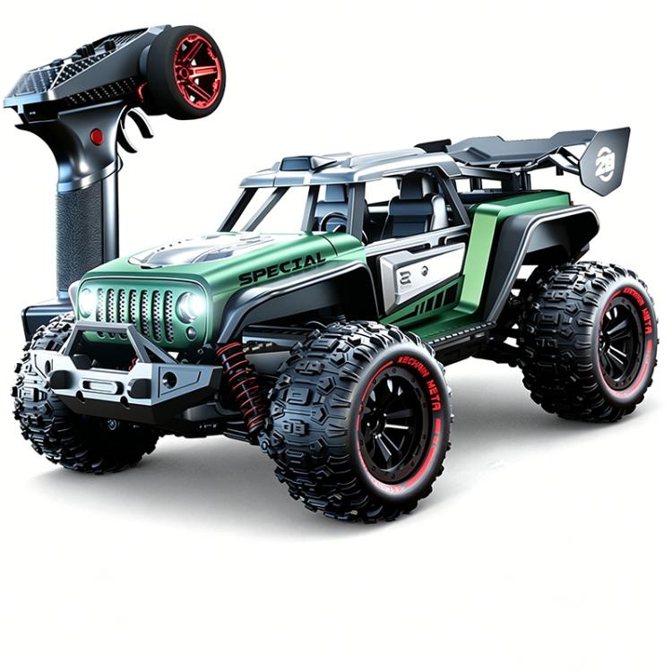 Green 1:14 remote control off-road Jeep-style SUV with rugged tires and open grille.