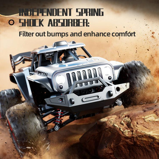 Silver 1:14 remote control off-road Jeep-style SUV climbing over rocks with dust spray.