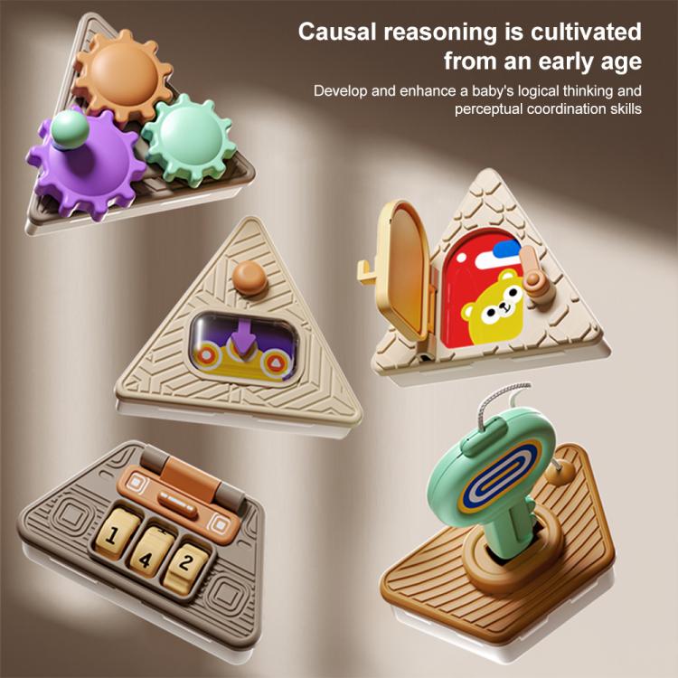 Busy board cube toy set with triangular and gear-shaped interactive pieces