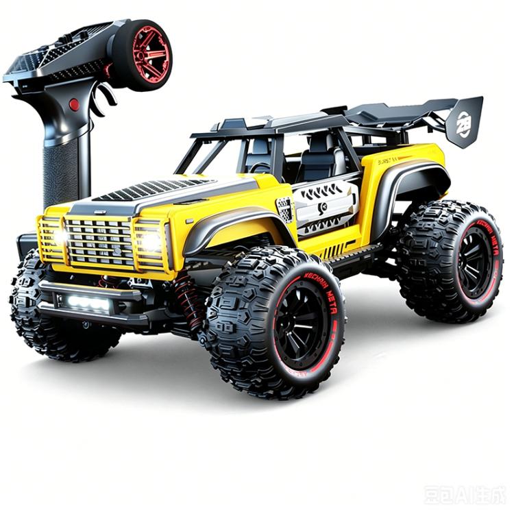 Yellow and white off-road remote control truck with big tread tires and front grille