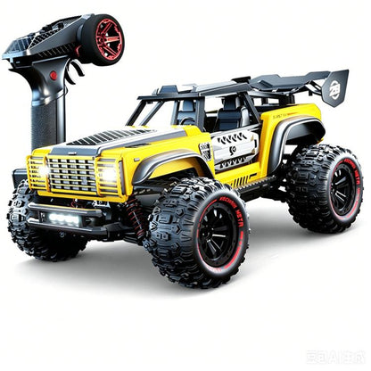 Yellow and white off-road remote control truck with big tread tires and front grille