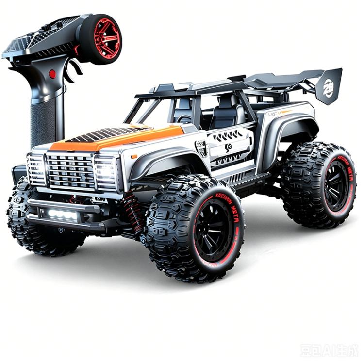 Orange and white off-road remote control truck with wide grille and rugged tires