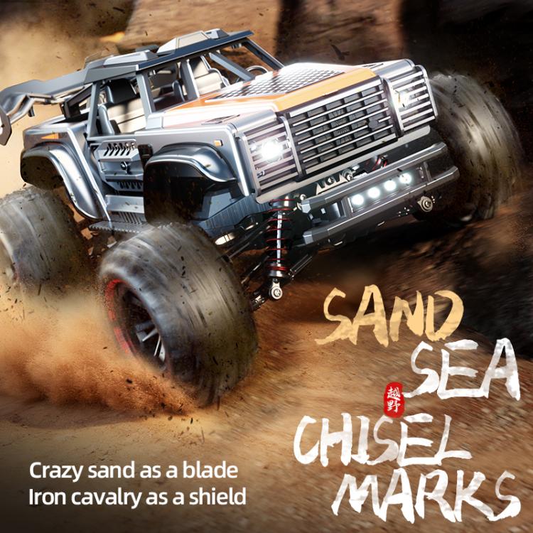 Silver and white off-road remote control truck jumping over muddy track