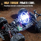 Silver off-road remote control truck showing front suspension and glowing LED lights