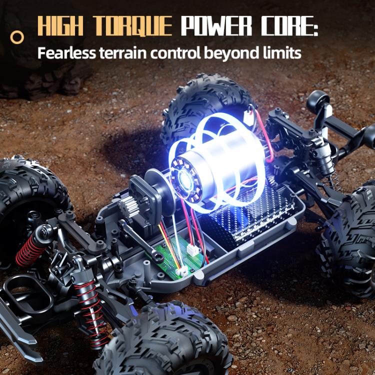 Silver off-road remote control truck showing front suspension and glowing LED lights