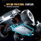 Off-road remote control truck chassis with large tires and blue underbody lights