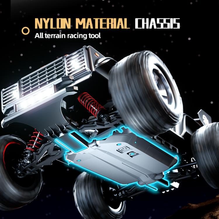 Off-road remote control truck chassis with large tires and blue underbody lights