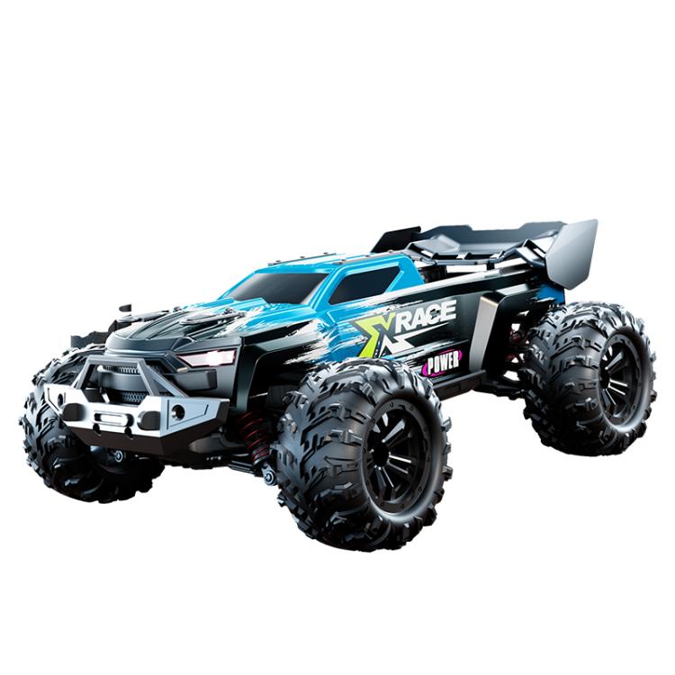 Blue remote control off-road truck with 4WD rugged tires and rear spoiler