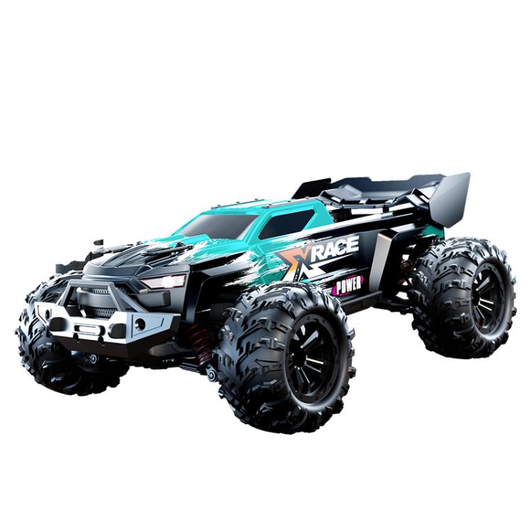 Green remote control off-road truck with 4WD rugged tires and front grille