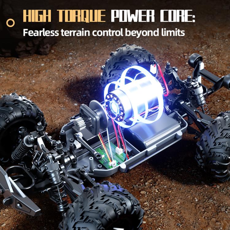 Blue remote control off-road truck with glowing motor and suspension detail