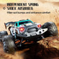 Turquoise remote control 4WD off-road truck with exposed suspension and lights