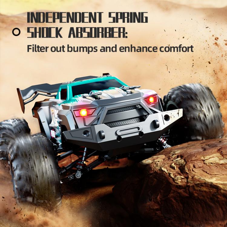 Turquoise remote control 4WD off-road truck with exposed suspension and lights