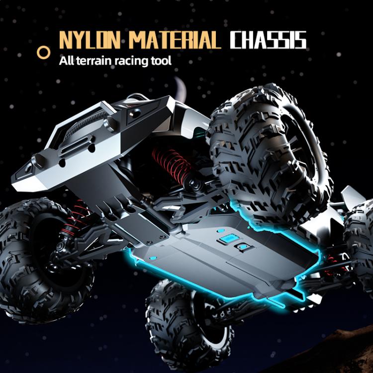 White remote control off-road truck with neon-lit chassis and rugged tires