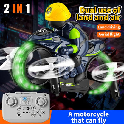 Blue/black RC amphibious flying motorcycle with green lights and propellers, with controller