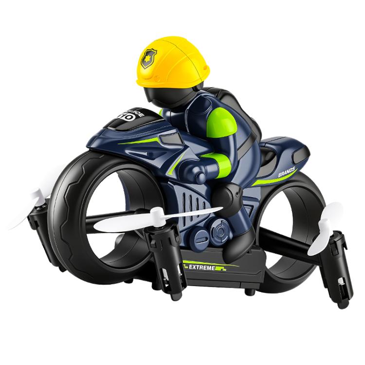 Blue and black RC amphibious flying motorcycle with green accents and front propellers