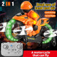 Orange/black RC amphibious flying motorcycle with green ring lights and propellers, with controller