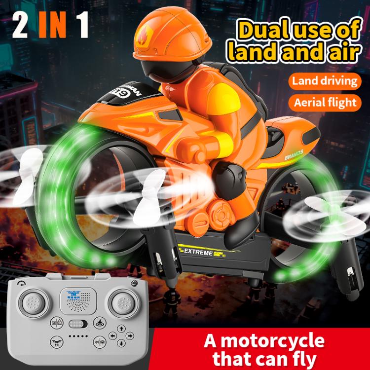 Orange/black RC amphibious flying motorcycle with green ring lights and propellers, with controller