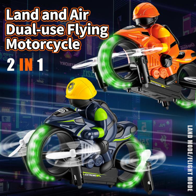 Orange/black RC amphibious flying motorcycle with green ring lights and front propellers