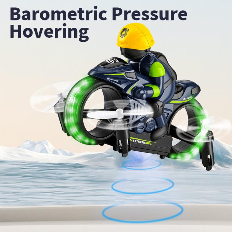 Blue and black RC amphibious flying motorcycle with green ring lights and white propellers