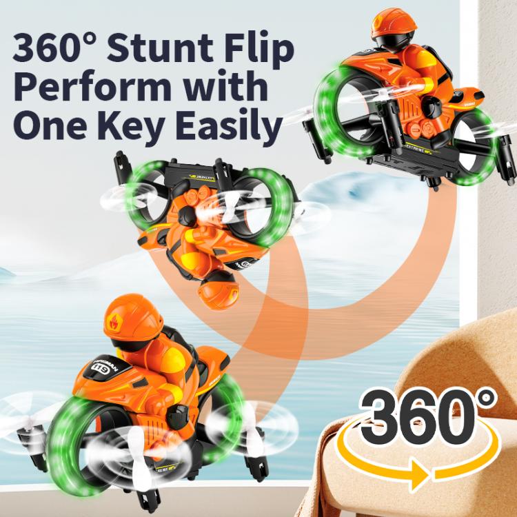 Orange/black RC amphibious flying motorcycle with green ring lights and spinning propellers