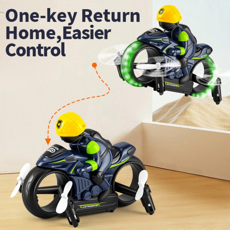Blue and black RC amphibious flying motorcycle with green ring lights and white propellers