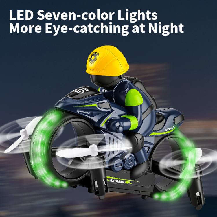 Blue and black RC amphibious flying motorcycle with green lights and white propellers