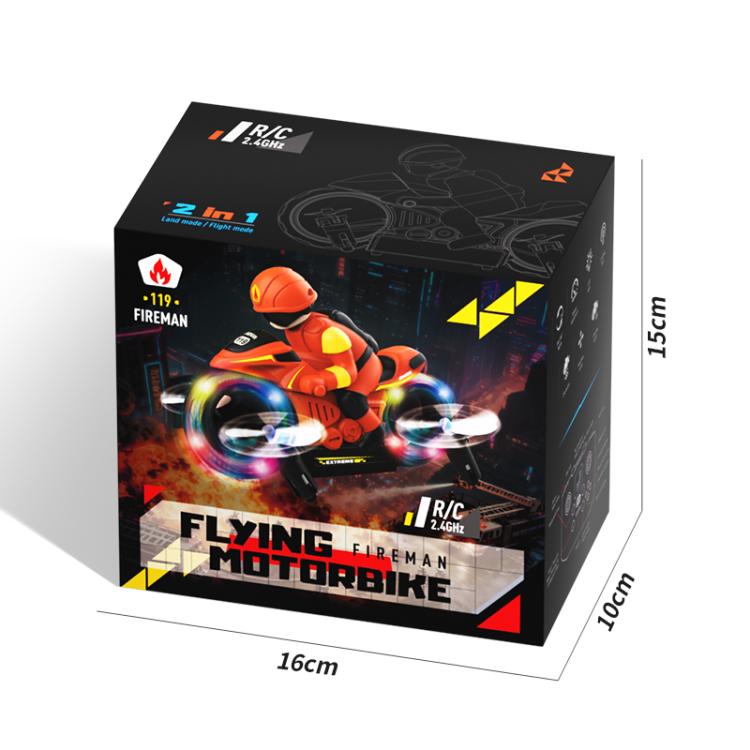 RC flying motorcycle toy box showing an orange bike and flying propeller design