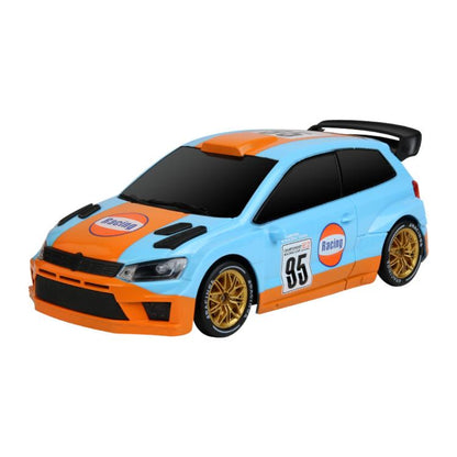 Orange and light-blue RC drift rally car with black hood and gold wheels