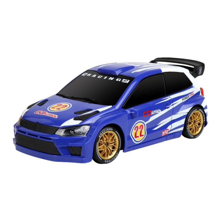 Blue RC drift rally car with black hood, gold wheels, and rear spoiler