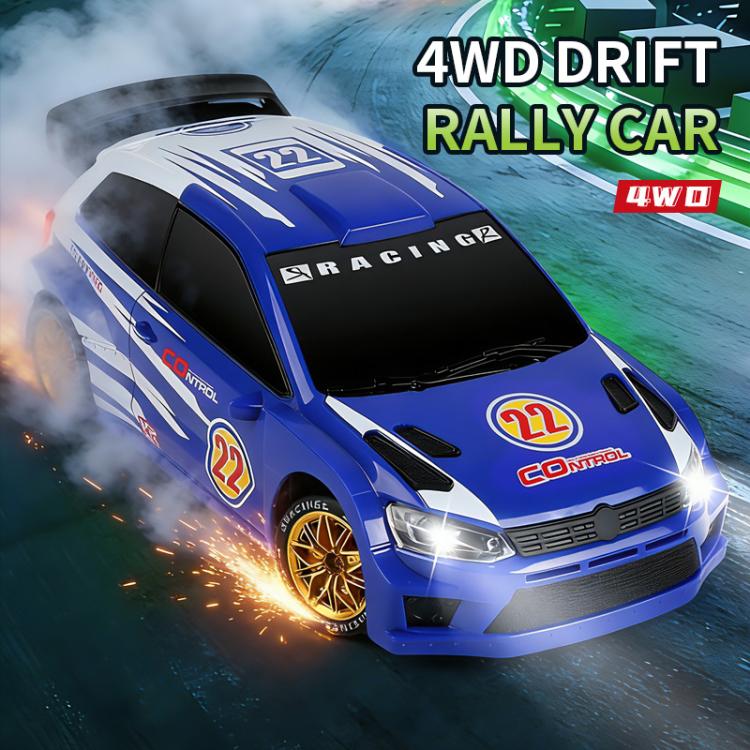 Blue RC 4WD drift rally car with gold wheels and illuminated front headlights