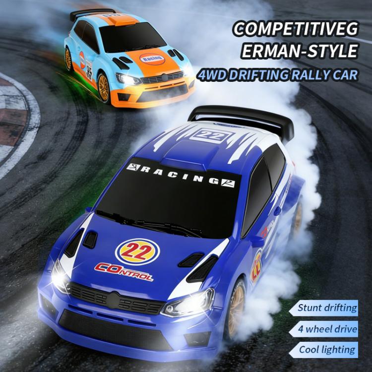Blue and white RC drift rally car with gold wheels and smoke at the tires