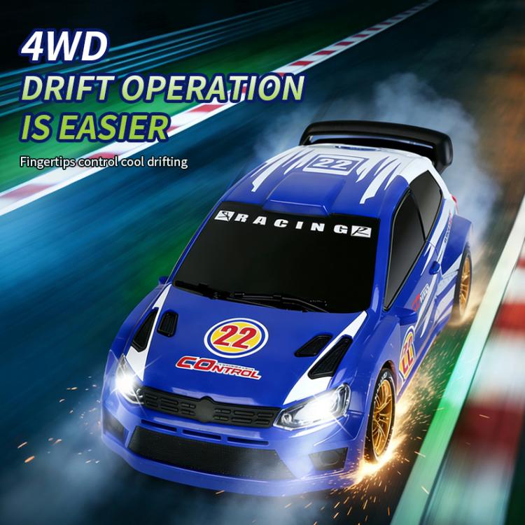 Blue RC drift rally car with gold wheels, glowing front lights, and drift sparks