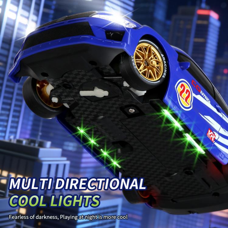 Underside view of blue RC drift rally car with neon green LED lights