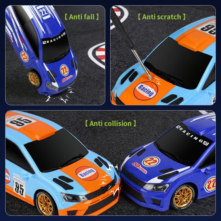 Two-tone RC drift rally cars in blue and light-blue with gold wheels