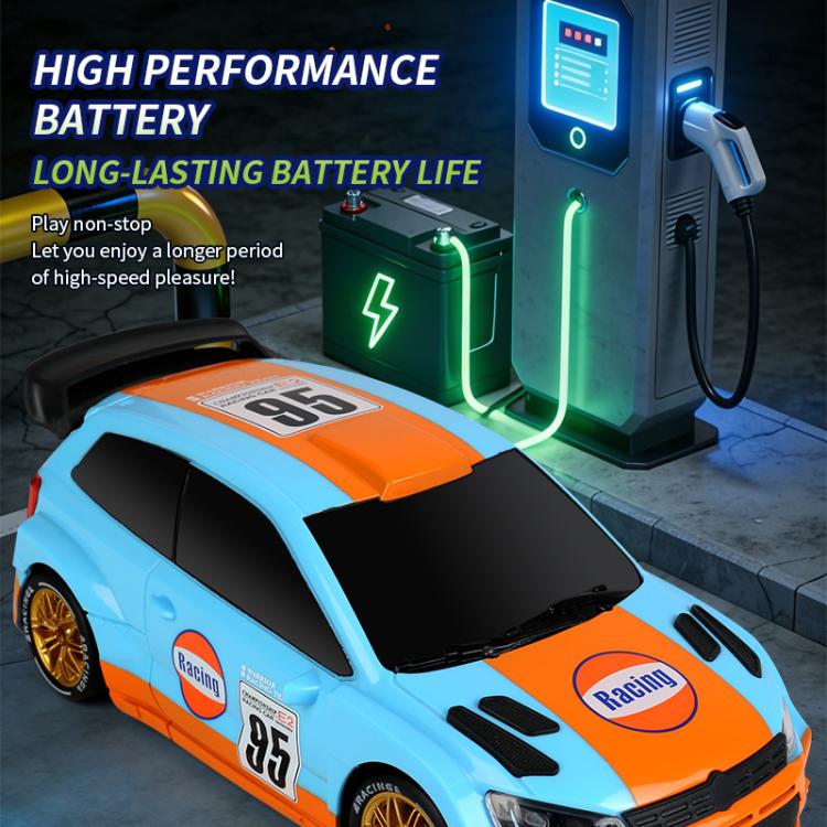 Orange and blue remote control drift rally car with decals, four-wheel drive.