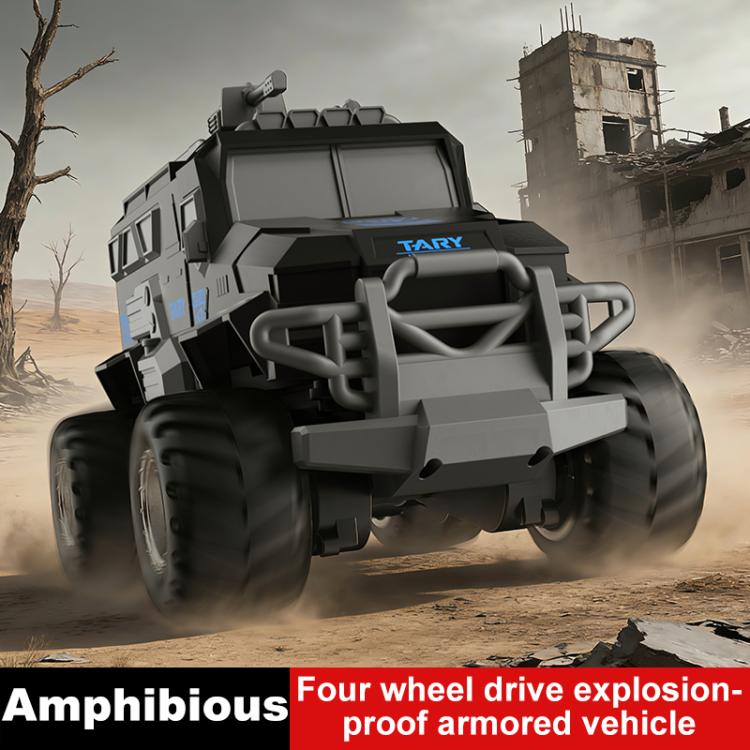 Black remote-control amphibious armored vehicle with front protection bars and large tires